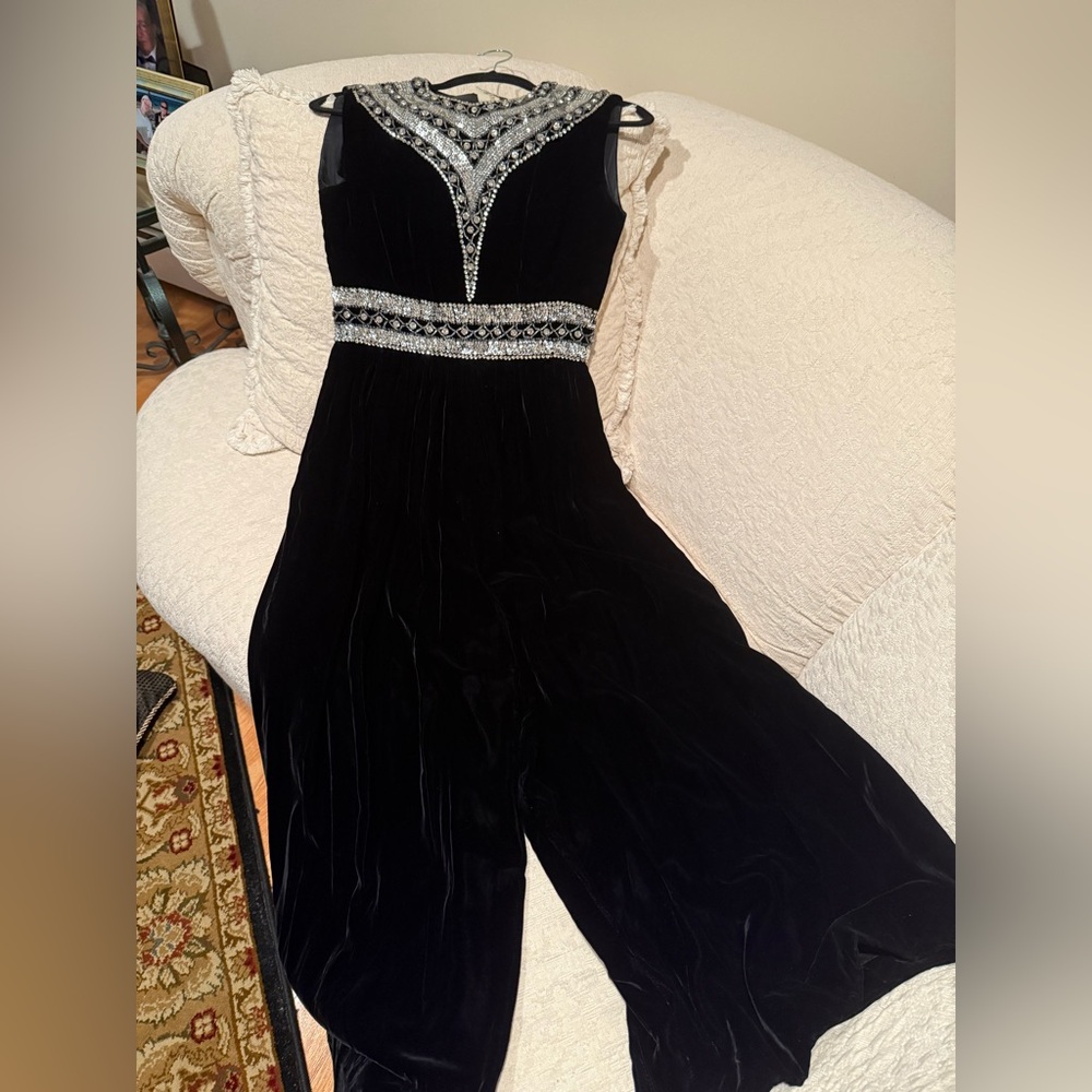 Exquisite Vintage Black Velvet Jumpsuit with Cleopatra like Silver Detailing